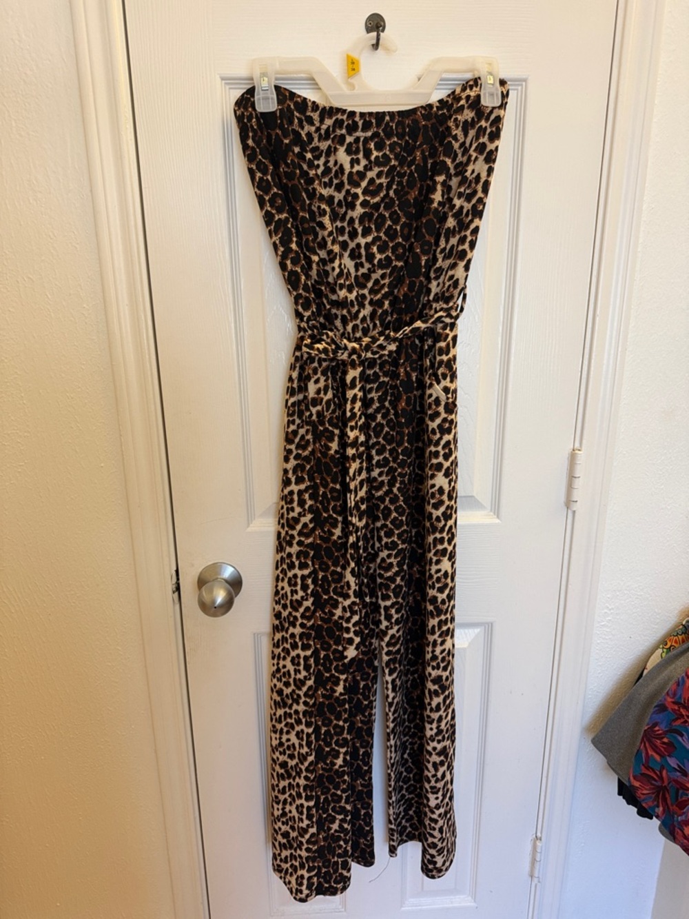 Leopard Print Strapless Jumpsuit with Tie Waist - Brown
